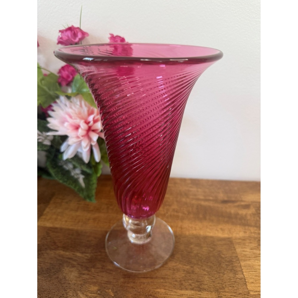 Vintage‎ Cranberry Glass Vase with Swirl Ribbed Design and Clear Pedestal Base